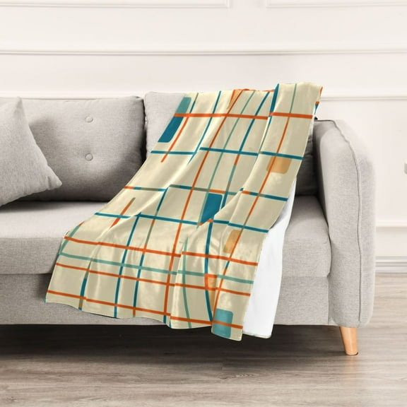 Blue and Orange Grid Throw Blanket 60" x 90" Soft and Warm Blankets for Couch Sofa and Bed
