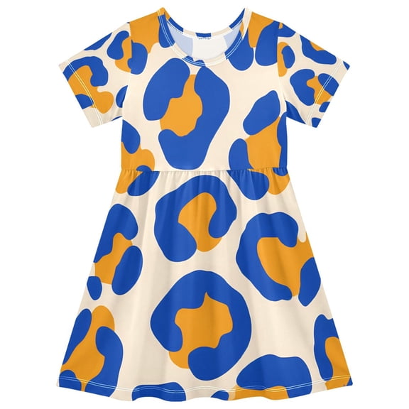 Blue and Orange Leopard Pattern Girls Short Sleeve Dress A Line Sun Protection Breathable Comfort Sundress 2T