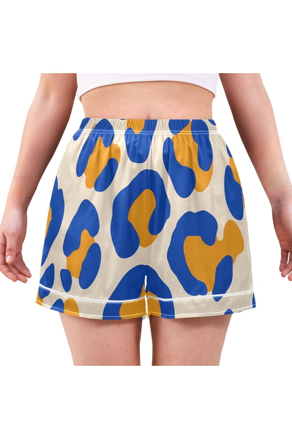 Blue and Orange Leopard Pattern Women's Pajama Shorts Silky Satin Casual Lounge Sleep Zero Pressure
