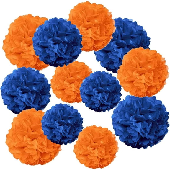Blue and Orange Paper Pom Poms,Blue Orange Tissue Pom Poms Hanging Decorations,Blue Orange Party Decorations(12 PCS)