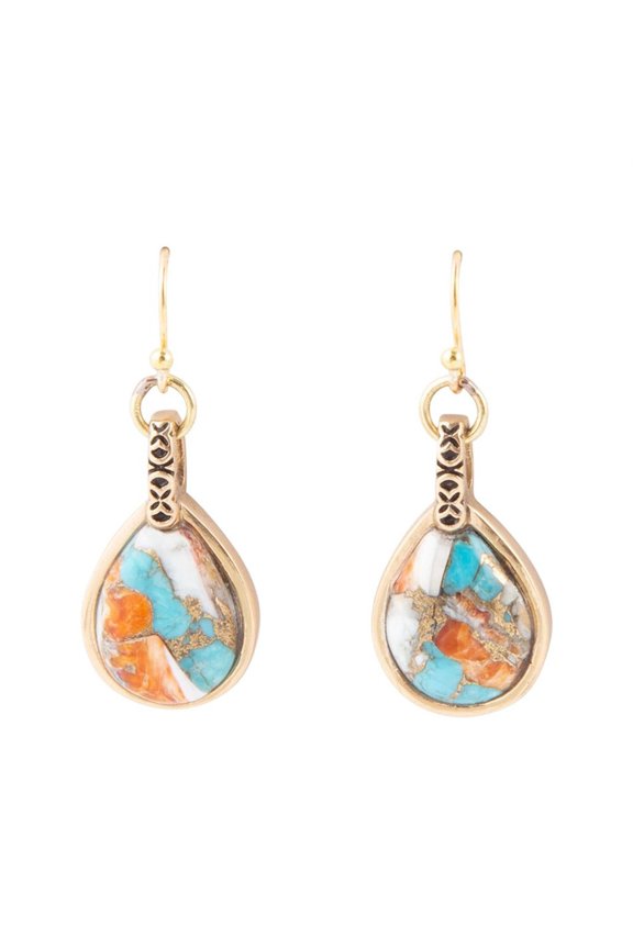 Blue and Orange Turquoise and Spiny Oyster Shell Stone Mix Golden Earrings