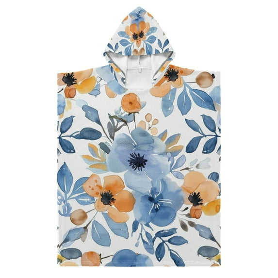 Blue and Orange Watercolor Floral Kid Hooded Beach Towel 27.5x27.5 inch Bath Poncho Towels Soft Absorbent Quick Dry for Boy Girl