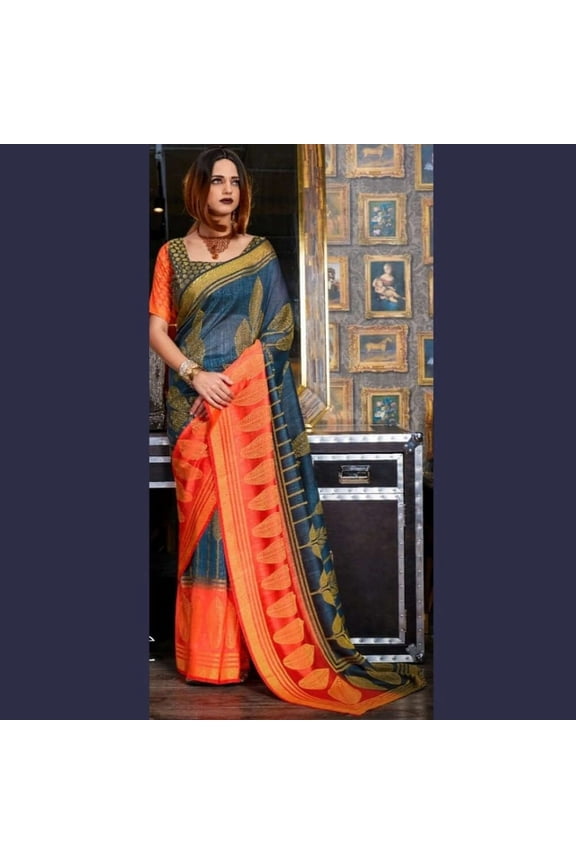 Blue and Orange woven Saree Size: L, Color: Blue