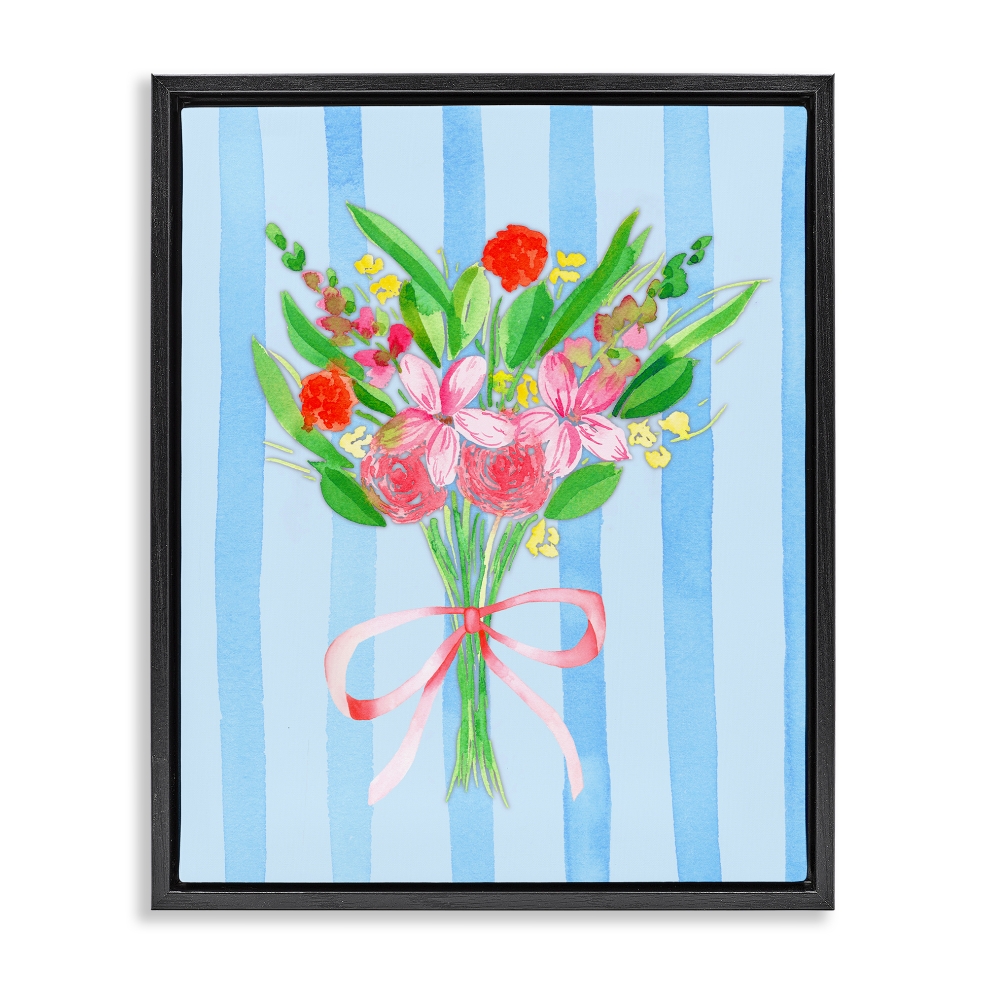 Blue and Pink Bouquet & Bow Black Framed Floater Canvas Wall Art, design by Nina Jacobs