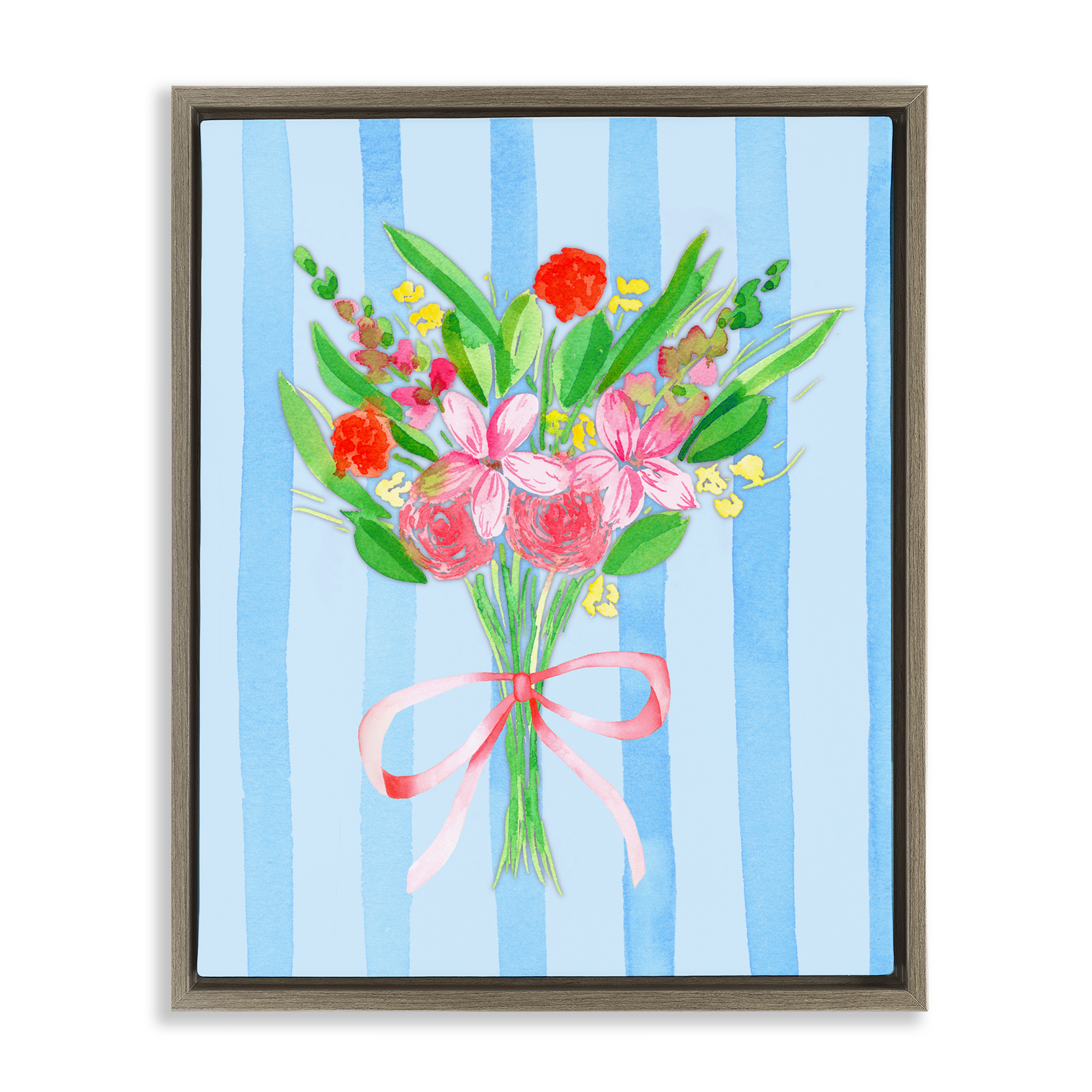 Blue and Pink Bouquet & Bow Brown Framed Floater Canvas Wall Art, design by Nina Jacobs