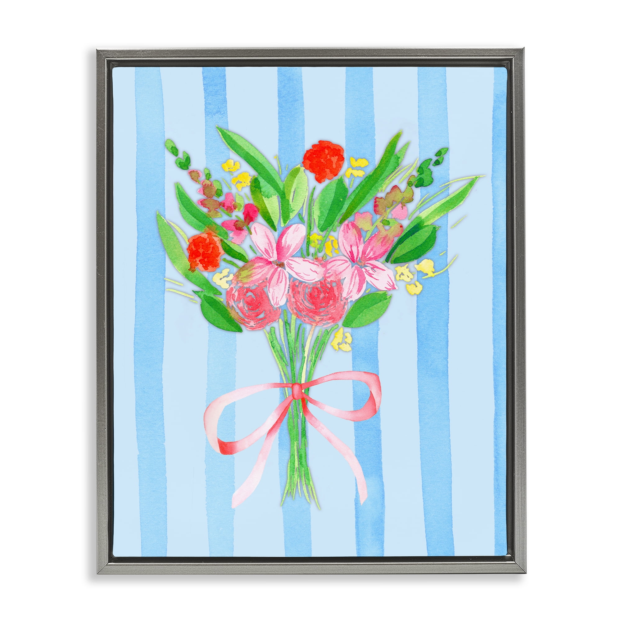 Blue and Pink Bouquet & Bow Gray Framed Floater Canvas Wall Art, design by Nina Jacobs