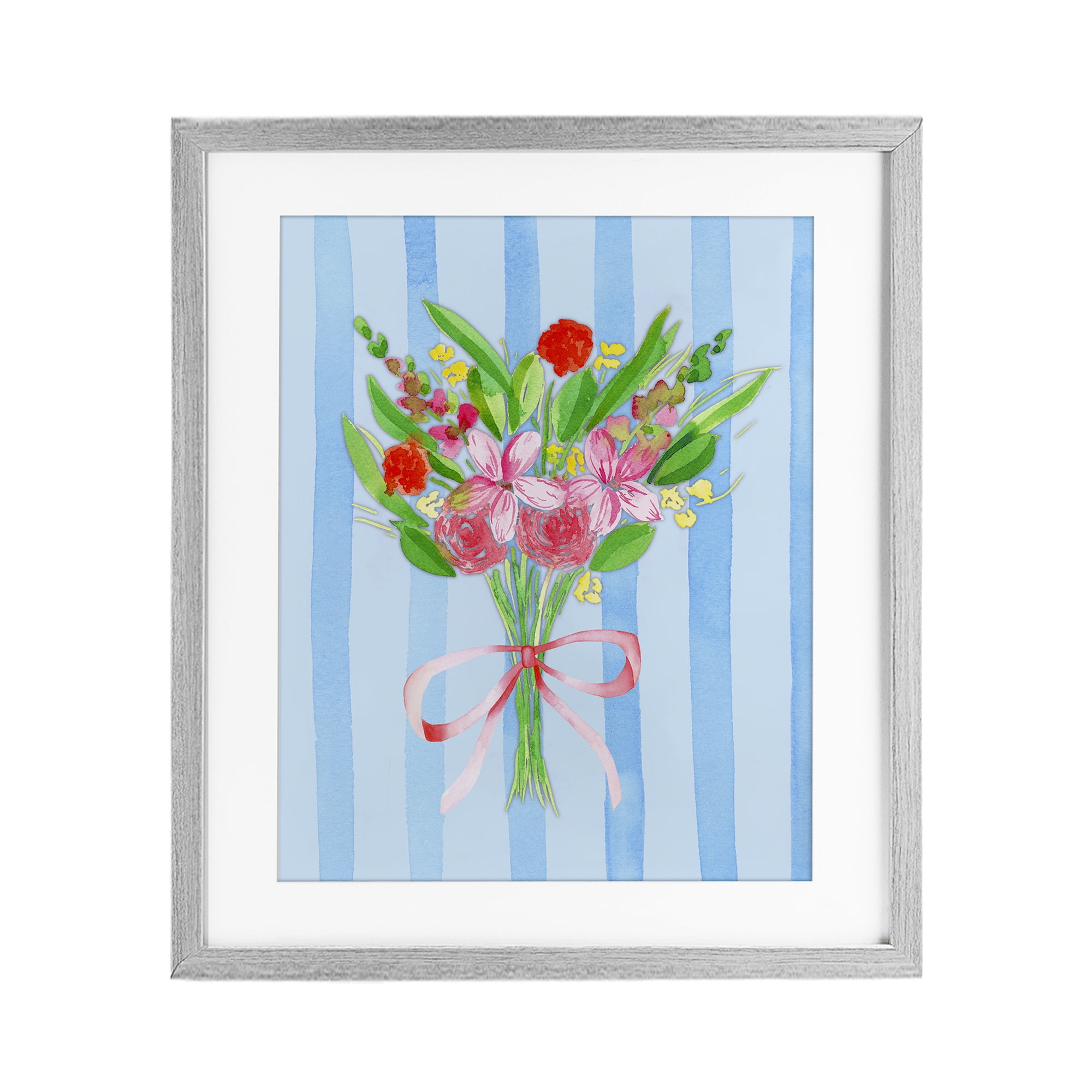 Blue and Pink Bouquet & Bow Gray Framed Print Under Glass, design by Nina Jacobs