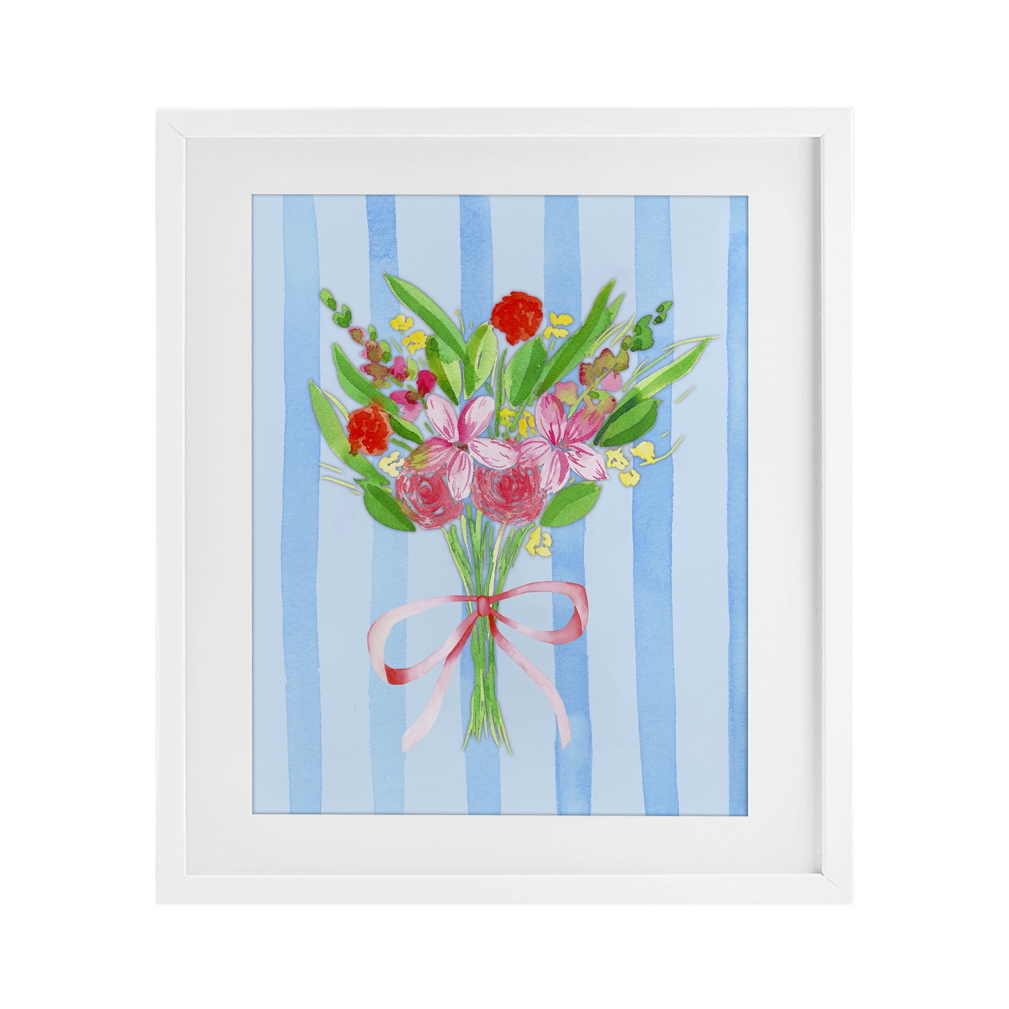 Blue and Pink Bouquet & Bow White Framed Print Under Glass, design by Nina Jacobs