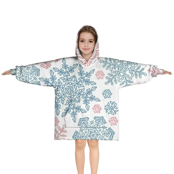 Blue and Pink Christmas Snowflake Pattern Blanket Hoodies for Kids 6-13YR Oversize Wearable Blanket Hoodies for Boys Girls Teens