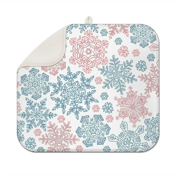 Blue and Pink Christmas Snowflake Pattern Dish Drying Mat for Kitchen 1 Pack, Ultra Absorbent Microfiber Dishes Drainer Mats,16x18in(41x46cm)