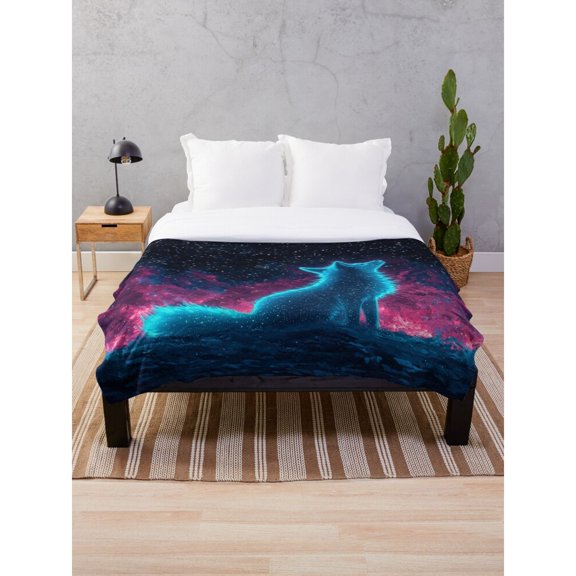 Blue and Pink Cosmic Wolf Silhouette Fleece Blanket, Polyester Fleece Fabric, 280 GSM, Celestial Home Decor