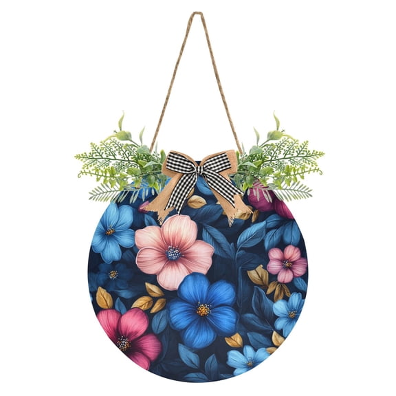 Blue and Pink Floral Fantasy Front Door Porch Decoration Hanging Sign with Artificial Green Plants and Bow for Home Outdoor Indoor