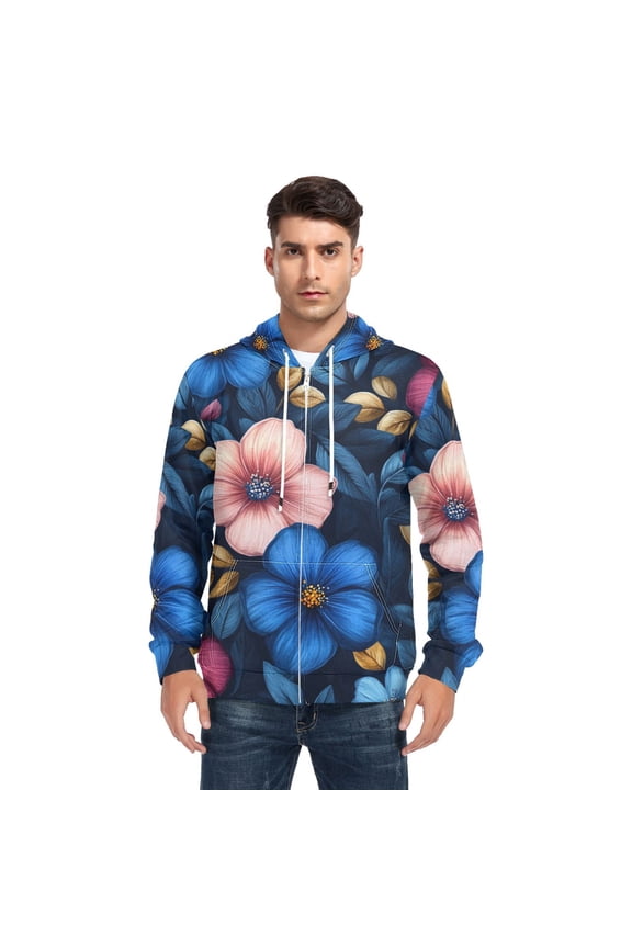 Blue and Pink Floral Fantasy Men’s Hoodies Sweatshirt with Full Zip Pockets Fleece Jackets