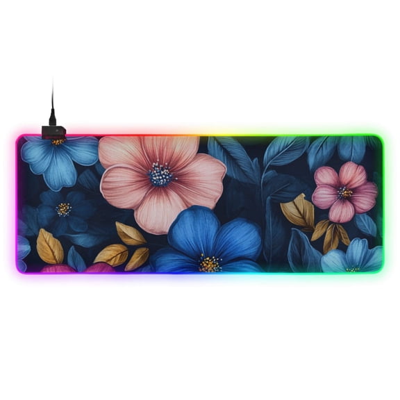 Blue and Pink Floral Fantasy RGB Gaming Mouse Pad Large Keyboard Mat Rubber Base 13 Light Modes
