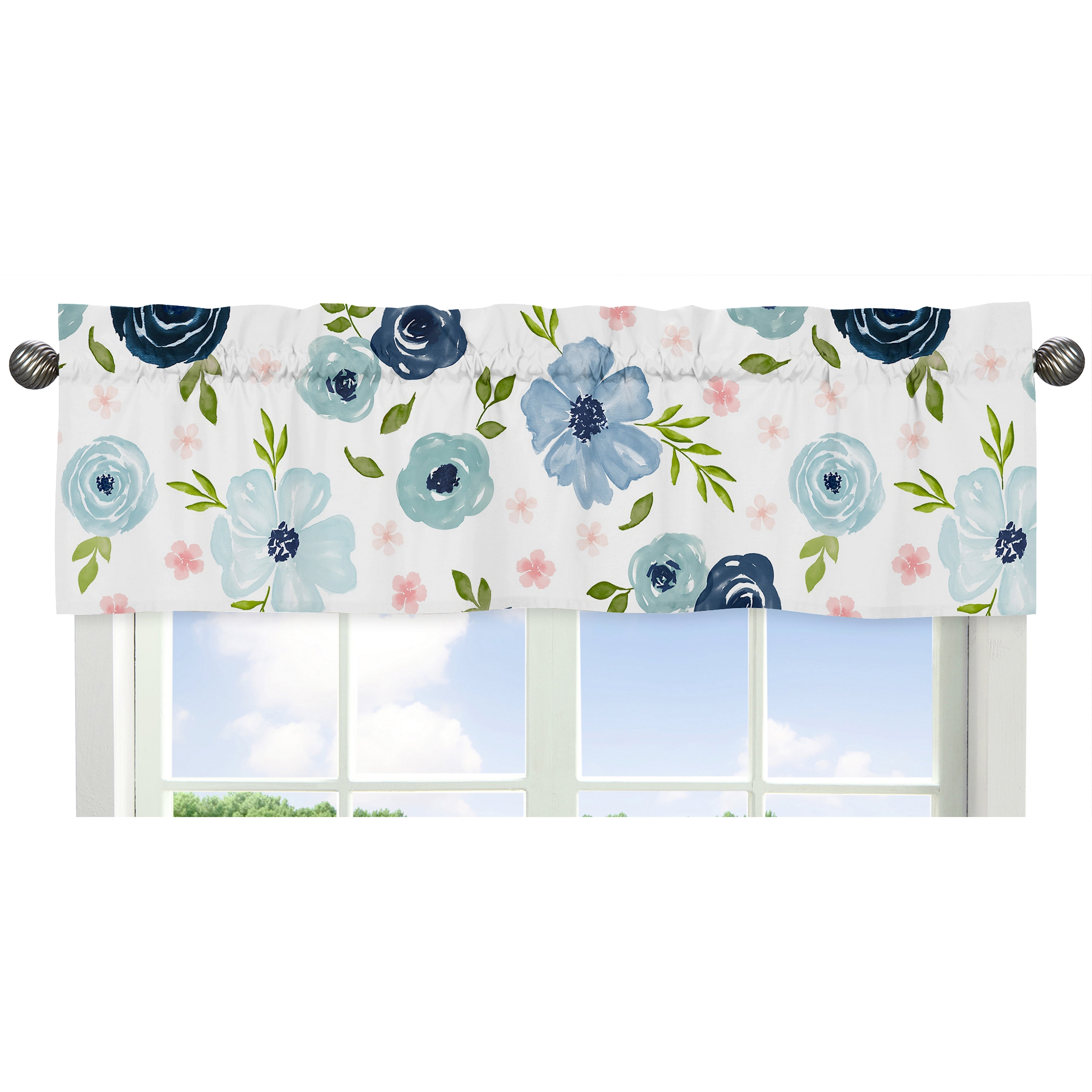 Blush Pink and Blue Watercolor Floral Rod Pocket Valance