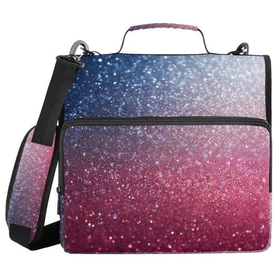 Blue and Pink Gardient Glitter Binder Bag with Shoulder Strap 3 Ring Zipper Binder File Folder Document Storage