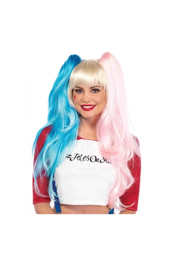 Blue and Pink Harlequin Doll Wig with Ponytail Clips