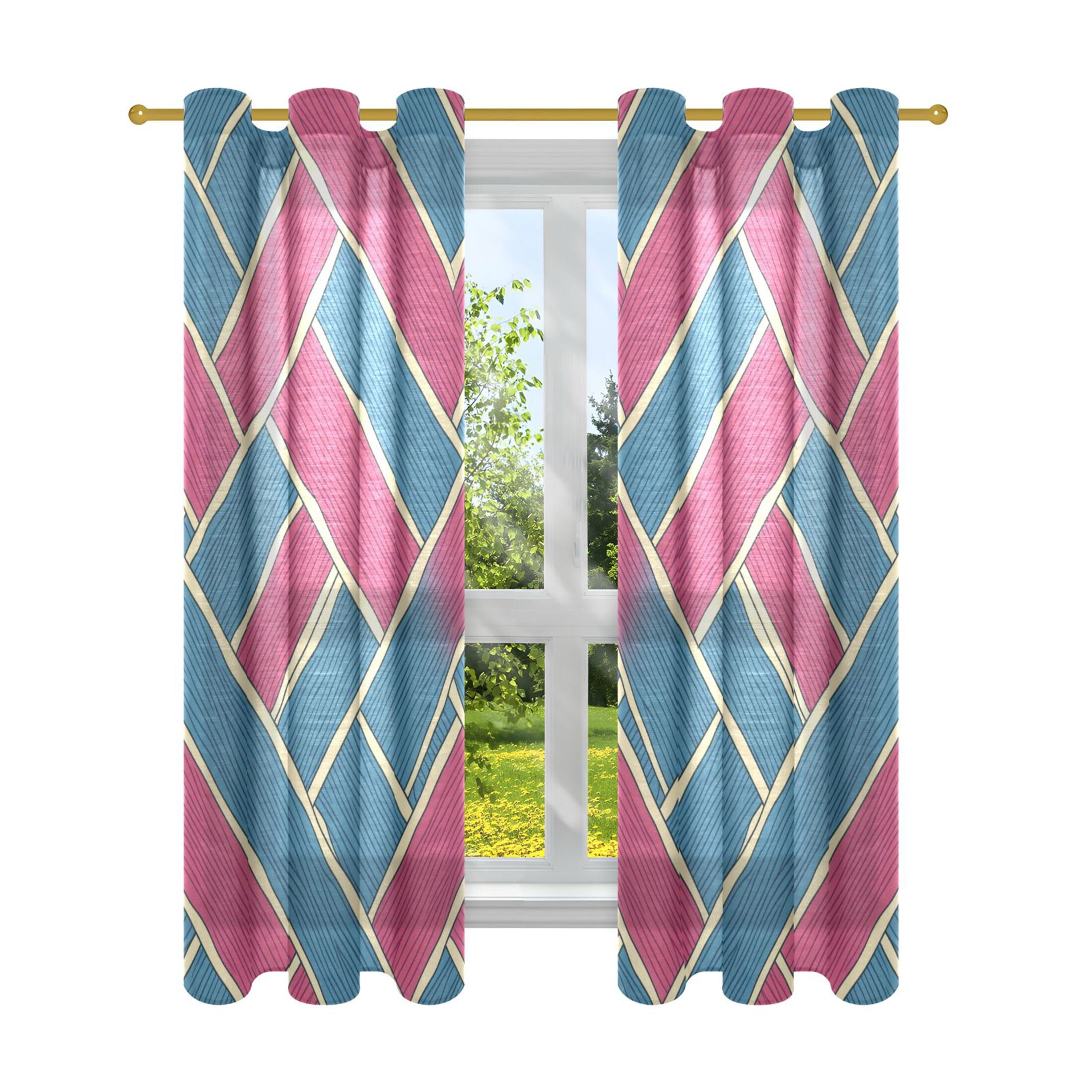 Blue and Pink Line Semi Sheer Curtains for Living Room Bedroom Set of 2
