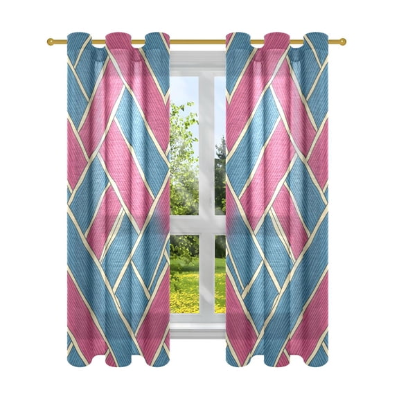 Blue and Pink Line Semi Sheer Curtains for Living Room Bedroom Set of 2 Insulated Window Drapes