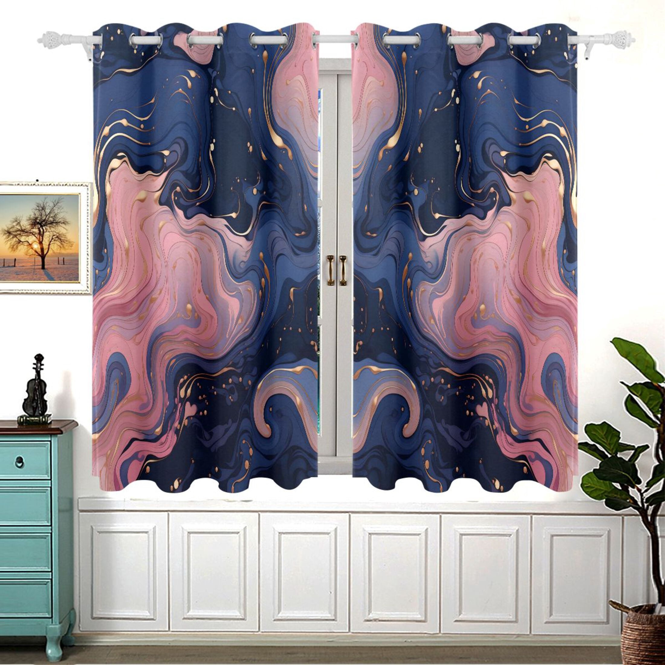 Blue and Pink Marble Blackout Curtains Window Grommet Insulated Curtain