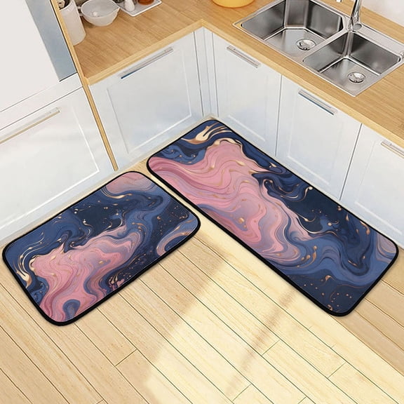 Blue and Pink Marble Kitchen Rugs Set of 2 Non Slip Floor Foam Mat Cushioned Soft Waterproof Carpet Runner for Dining Room Laundry