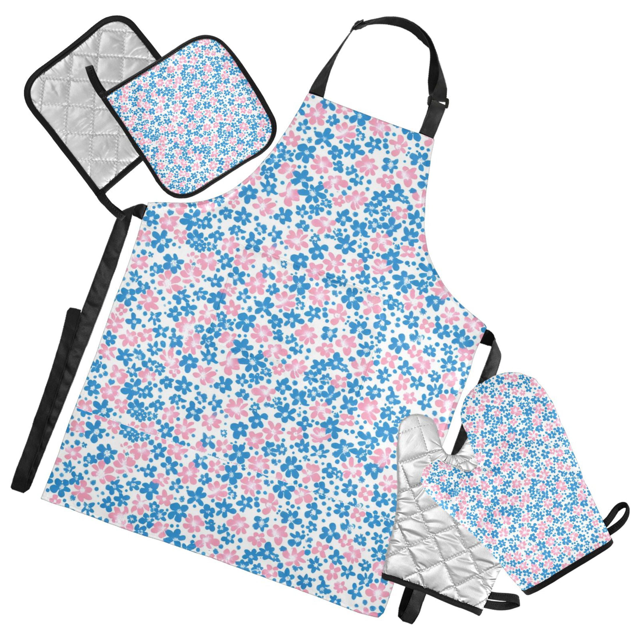 Blue and Pink Small Flowers 5 Pcs Kitchen Set Heat Resistant Oven Mitts and Non-Slip Pot Holders with Adjustable Cooking Apron