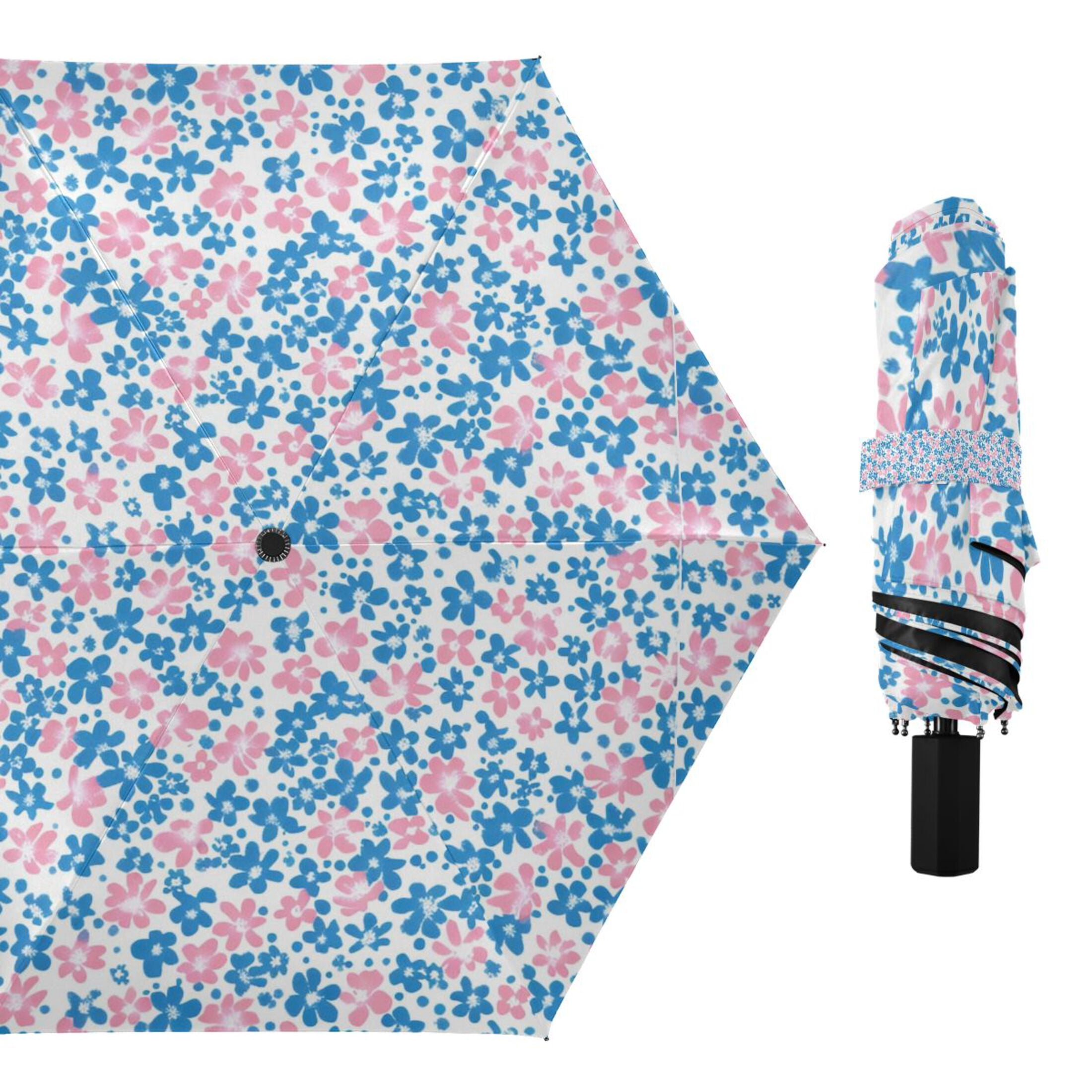 Blue and Pink Small Flowers Compact Sun Umbrella Windproof Travel Umbrellas for Rain Strong Portable UV Protection