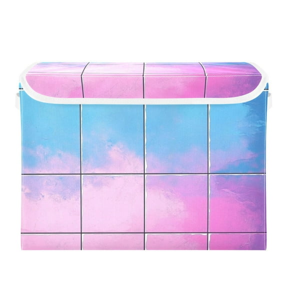 Blue and Pink Square Large Storage Bins with Linen Collapsible Lid Storage Box 16.7 x 12.6 x 11.8in