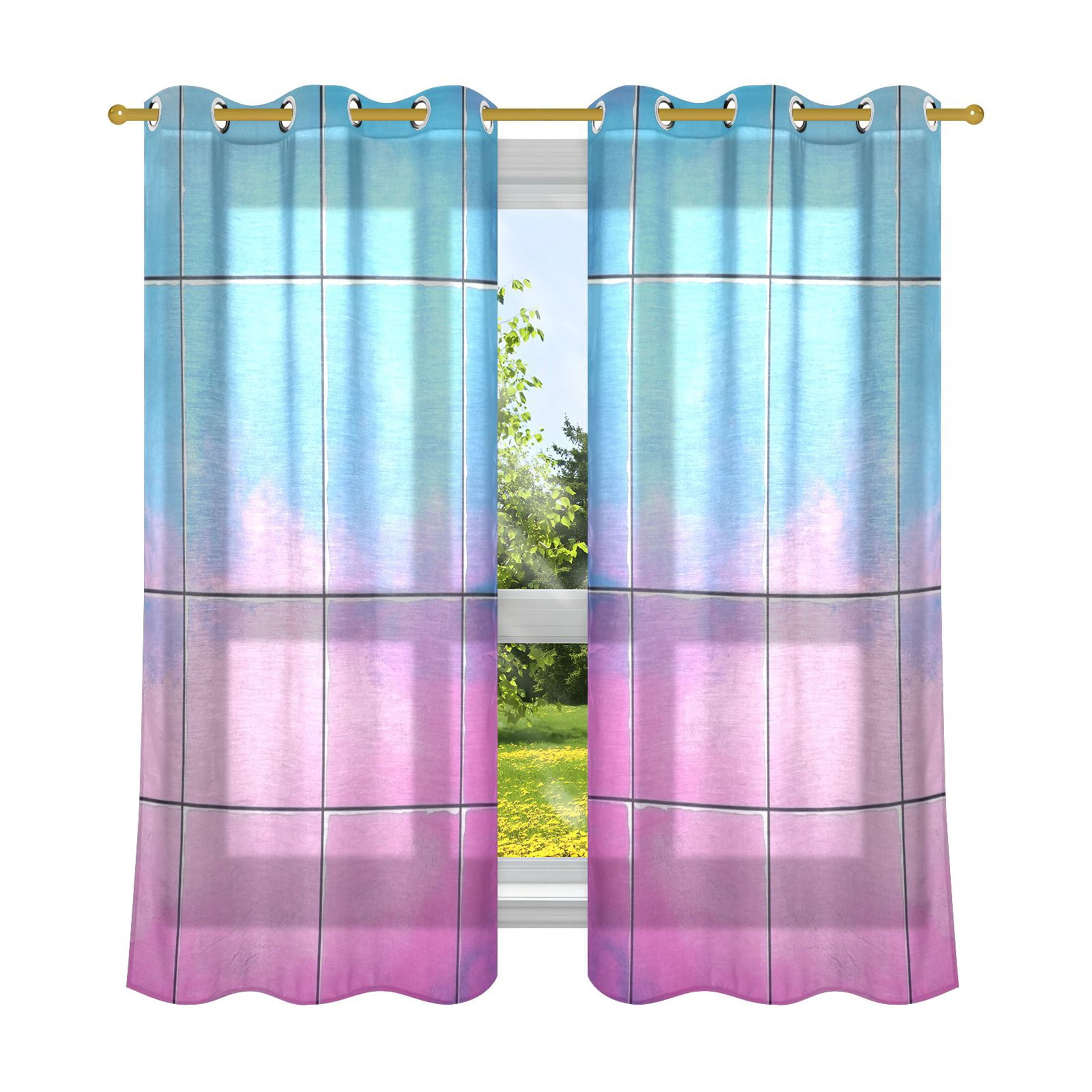 Blue and Pink Square Semi Sheer Curtains for Living Room Bedroom Set of
