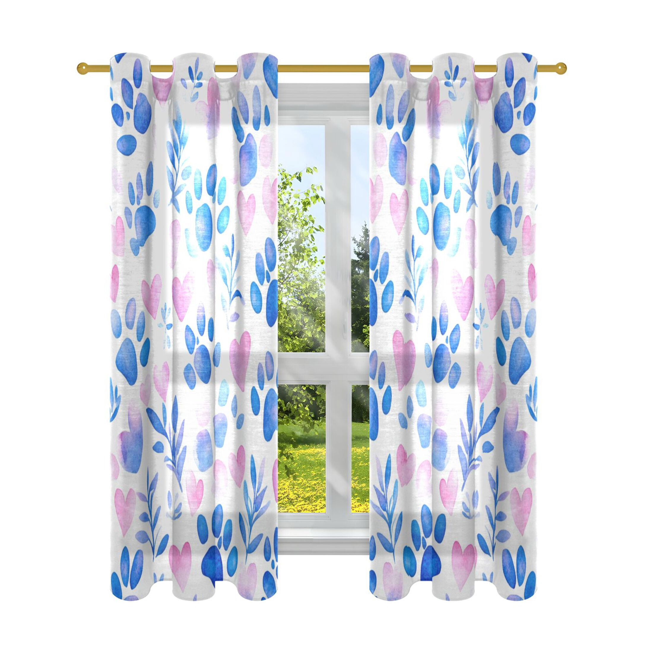 Blue and Pink Watercolor Semi Sheer Curtains for Living Room Bedroom