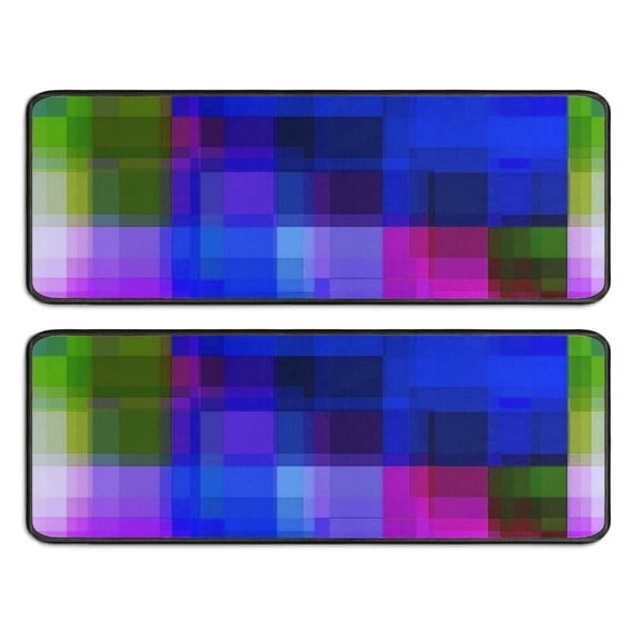 Blue and Purple Checkered Pattern Anti Fatigue Kitchen Rugs Set Of 2, Non Slip Washable Decorative Floor Mats for Sink Laundry and Home Use, 17"x47"
