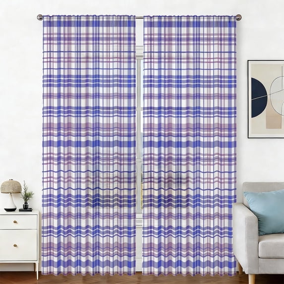 Blue and Purple Checkered Pattern Sheer Curtains, Sheer Curtain Panels ...