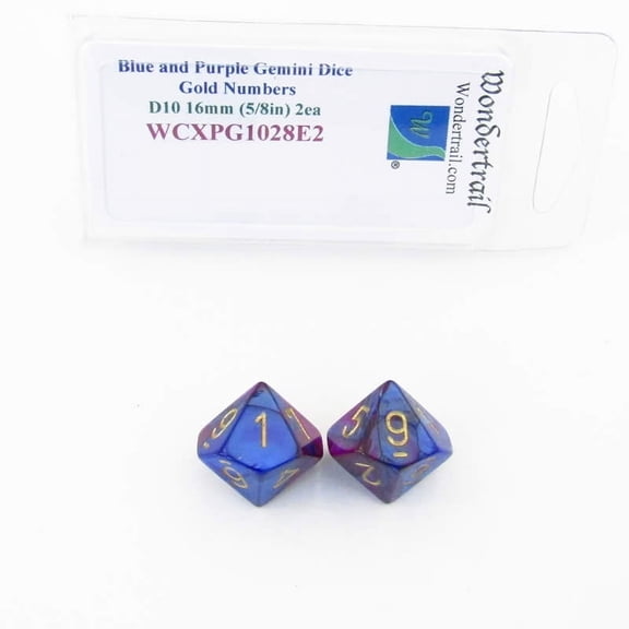 Blue and Purple Gemini Dice with Gold Numbers D10 Aprox 16mm (5/8in) Pack of 2 Wondertrail