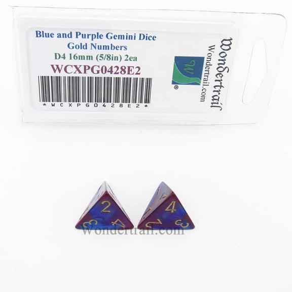 Blue and Purple Gemini Dice with Gold Numbers D4 Aprox 16mm (5/8in) Pack of 2 Wondertrail