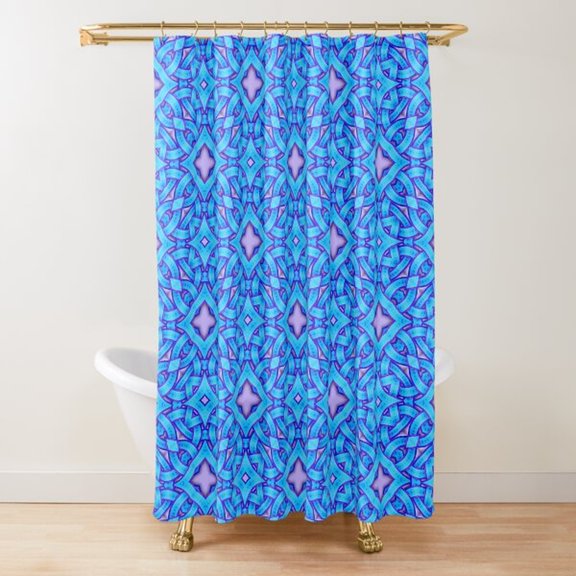Blue and Purple Interlaced Geometric Mosaic Shower Curtain, 100% Polyester, Diamond Pattern