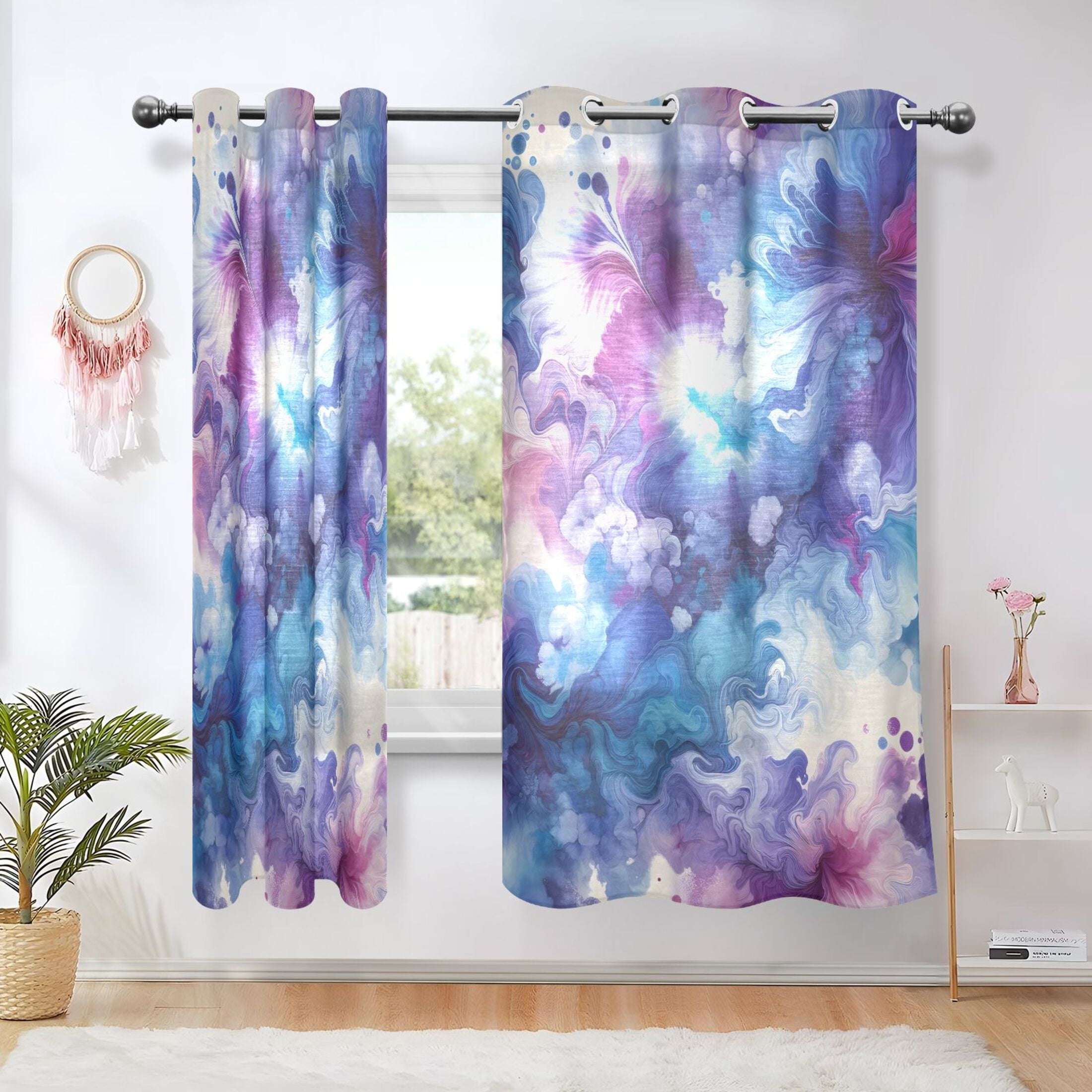Blue and Purple Marble Faux Linen Curtains Semi Sheer 2 Panels Voile Sheer Drapes for Office Living Room 63x42in
