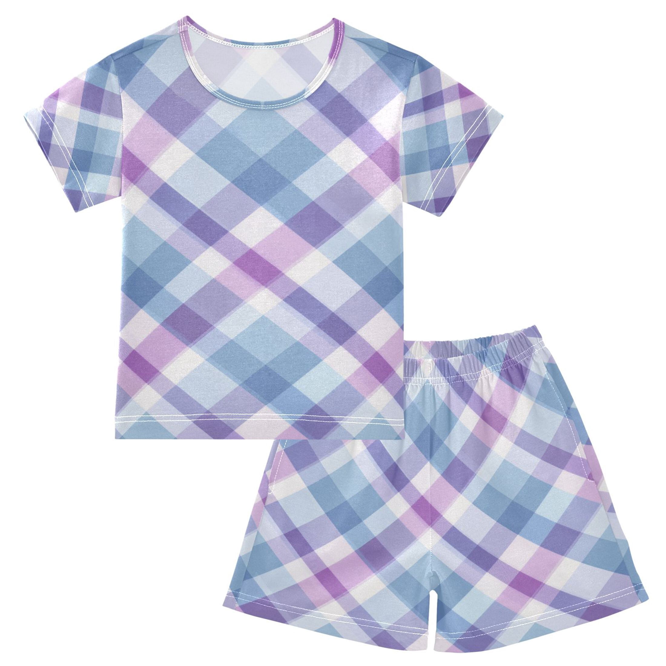 Blue and Purple Rhombus Pattern Pajamas Set Short Sleeves Sleepwear Top ...