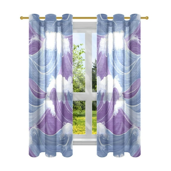 Blue and Purple Wave Semi Sheer Curtains for Living Room Bedroom Set of 2 Insulated Window Drapes