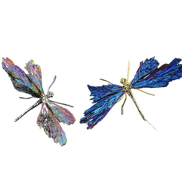 Blue and Rainbow Tourmaline Dragonfly Set Electroplated Tourmaline Dragonfly Figurines, Colorful Crystal Dragonfly Home Decor