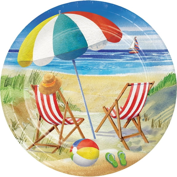 Blue and Red Beach Bliss Themed Decorative Round Dinner Plate 8.875"