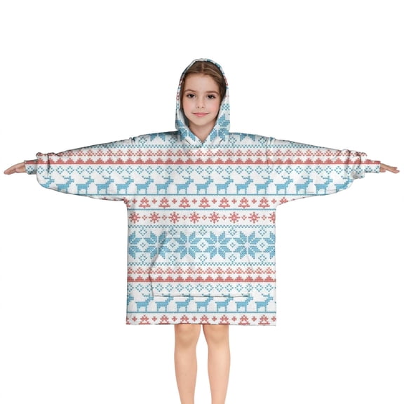 Blue and Red Christmas Pattern Blanket Hoodies for Kids 6-13YR Oversize Wearable Blanket Hoodies for Boys Girls Teens
