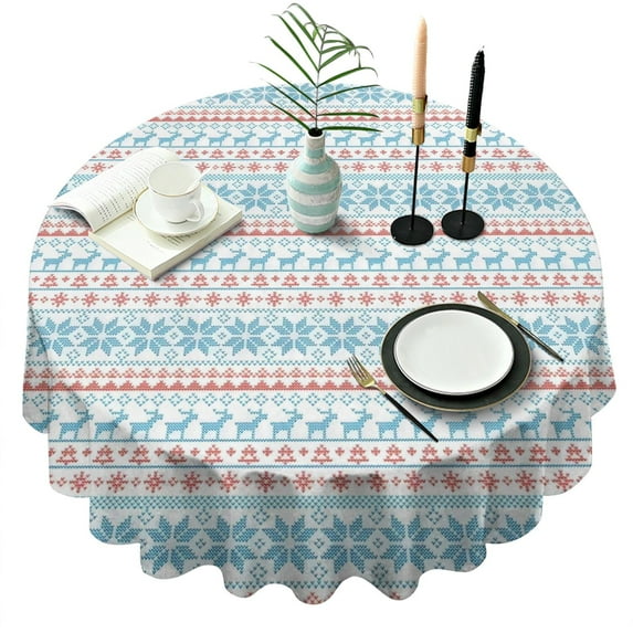 Blue and Red Christmas Pattern Round Tablecloth 60"x60",Wrinkle Wipeable Table Cloth for Kitchen Dining Room Picnic Patio Party