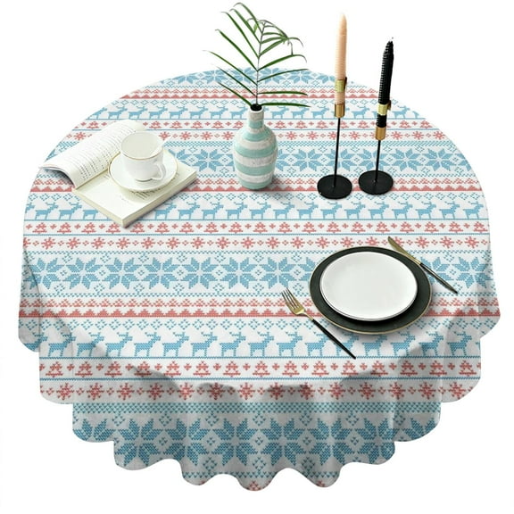Blue and Red Christmas Pattern Round Tablecloth 60"x60",Wrinkle Wipeable Table Cloth for Kitchen Dining Room Picnic Patio Party