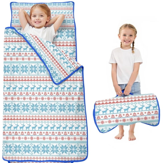 Blue and Red Christmas Pattern Toddler Nap Mats for Kids Preschool,50"x20" Sleeping Mat Bag or Kids,Toddler Sleeping Bag,Toddler Nap Mat or Daycare