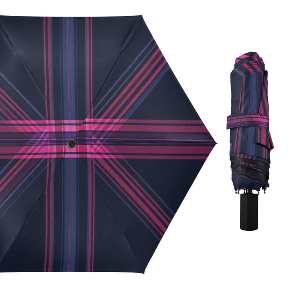 Blue and Red Diagonal Plaid All Weather Umbrella Triple Folding Parasol 6 Ribs UV Protection Portable