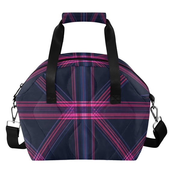 Blue and Red Diagonal Plaid Insulated Lunch Bag Reusable Quilted Lunch Box Waterproof Leakproof Lunch Container