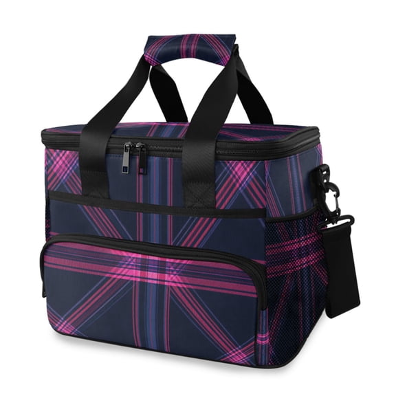 Blue and Red Diagonal Plaid Portable Cooler Lunch Box Reusable Insulated Lunch Bag Leakproof 15L