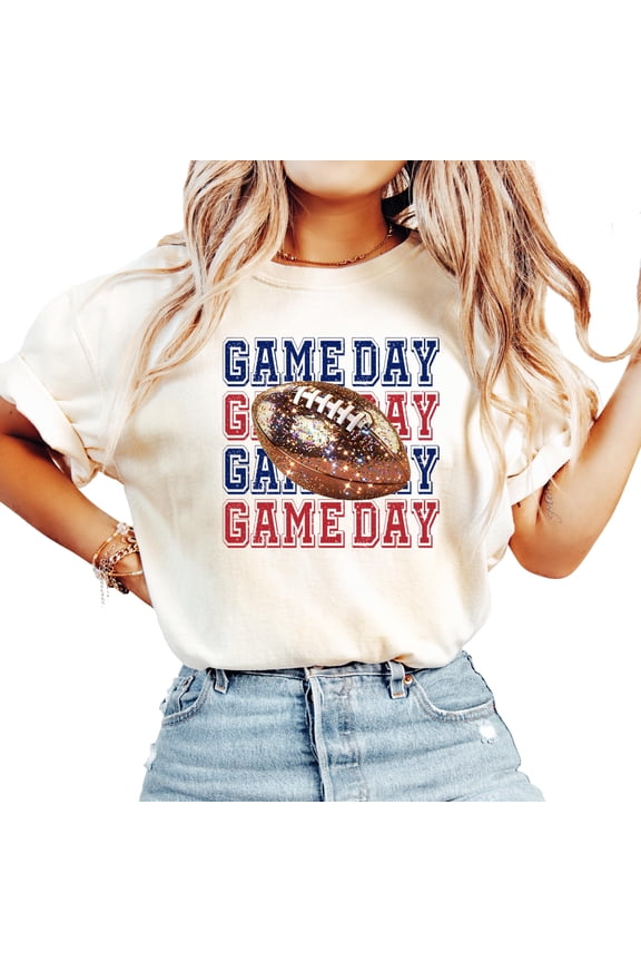 Blue and Red Faux Glitter Football Game Day Shirt for Women and Teens Fall Sports Fan Pullover Ivory Shirt Adult 2X-Large