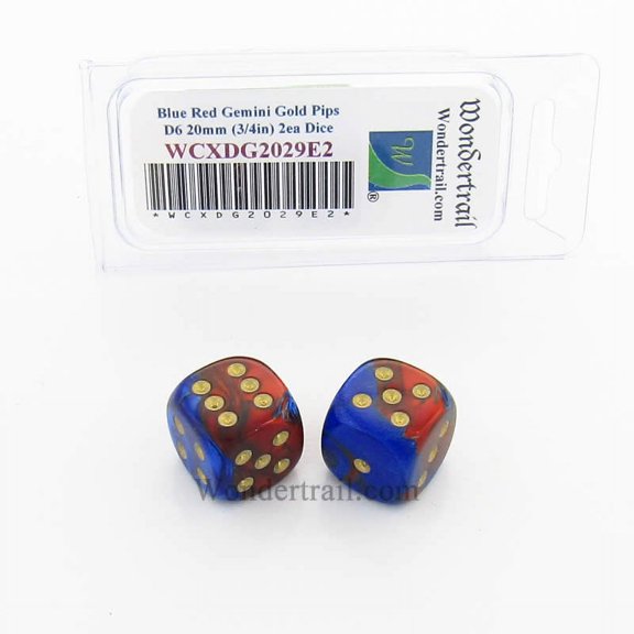 Blue and Red Gemini Dice with Gold Pips 20mm (3/4in) D6 Pack of 2 Wondertrail