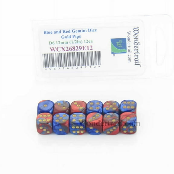 Blue and Red Gemini Dice with Gold Pips D6 12mm (1/2in) Pack of 12 Wondertrail